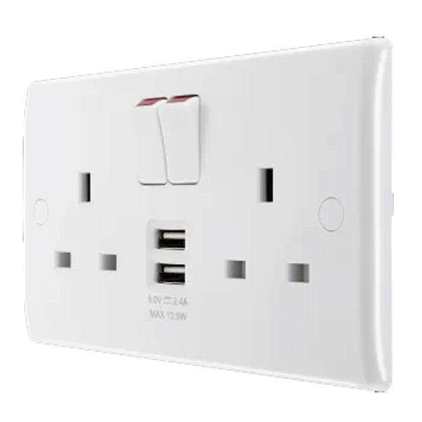 British General 800 Series 13A White Double Switched Socket 2 Gang SP + 2 x USB A (12W) 822UAA12