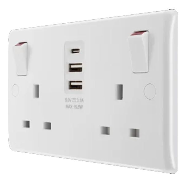 British General 800 Series 13A White Double Switched Socket 2 Gang SP + 2 x USB A + 1 x USB C (15W) 822UAAC15