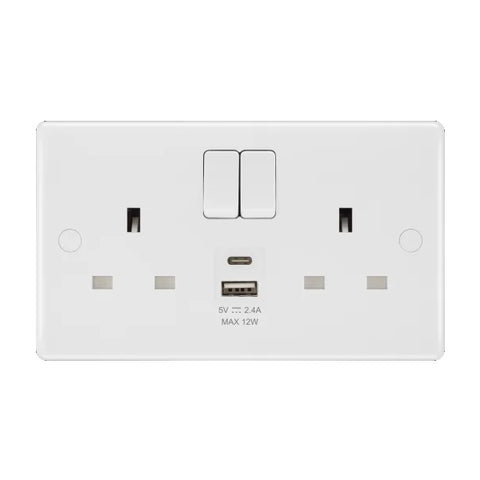 British General 800 Series 13A White Double Switched Socket 2 Gang SP + 1 x USB A + 1 x USB C (12W) 822UAC12