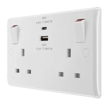 British General 800 Series 13A White Double Switched Socket 2 Gang SP + 1 x USB A + 1 x USB C (45W) 822UAC45