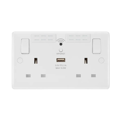 British General 800 Series 13A White Switched Wi-Fi Extender Socket 2-Gang SP + 2.1A 10.5W 1-Outlet Type A USB Charger 822UWR