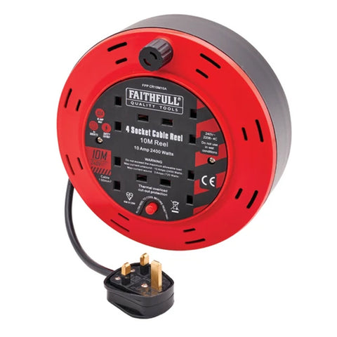 Faithfull 10m Cable Reel 10A, 4 Sockets XMS25CR10M