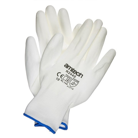 AMTECH-Light Duty PU Coated Work Gloves White XL (Size: 10)