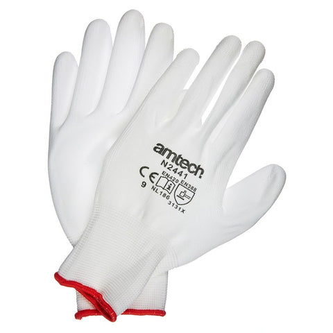 AMTECH-Light Duty PU Coated Work Gloves White Large (Size: 9)