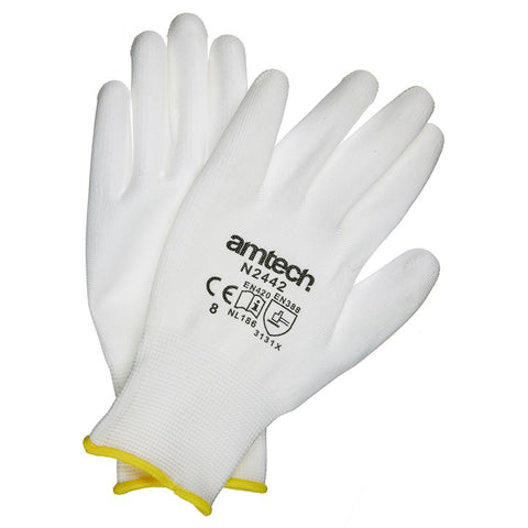 AMTECH-Light Duty PU Coated Work Gloves White Medium (Size: 8)