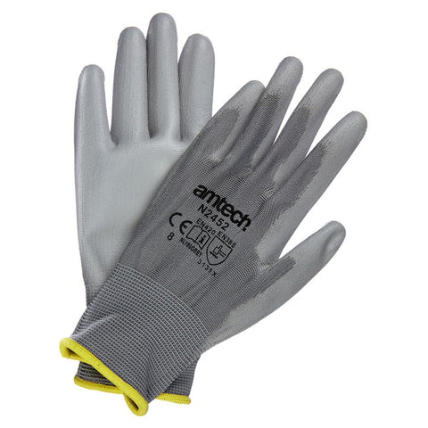 AMTECH-Light Duty PU Coated Palm Gloves Grey Medium (Size: 8)