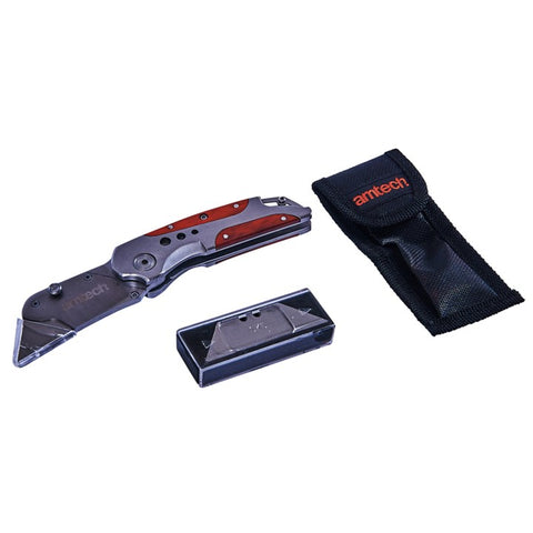 AMTECH-Folding Lock-Back Utility Knife - Wooden Grip